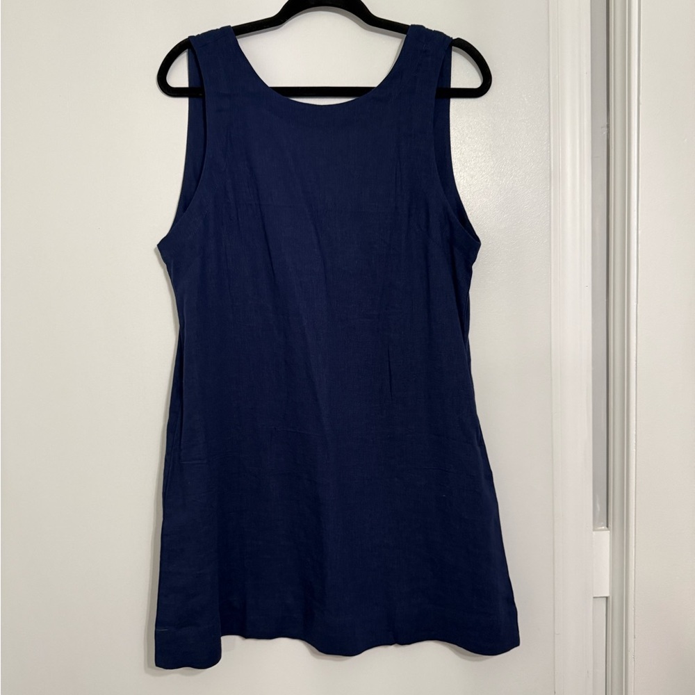 Linen Mini Dress, Summer, M, with Pockets, Blue
